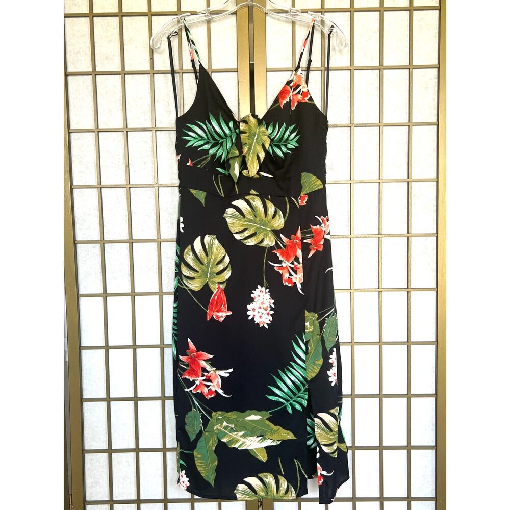 One Clothing spaghetti strap V-neck midi Sundress - tropical floral on black - M